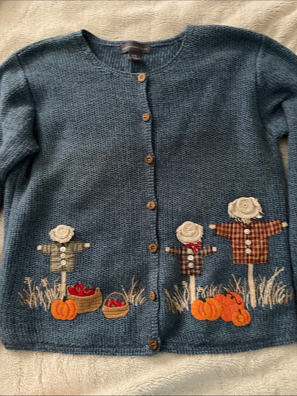 Northern isles Blue Knit Cardigan with Fall Scarecrow Appliqués Women’s M
